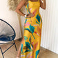 Tropical Print Thick Strap U neckline Slim Fit Slit Maxi Dress Vocation Dress with Pockets
