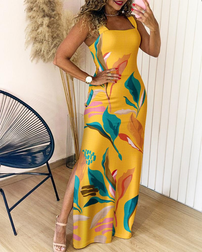 Tropical Print Thick Strap U neckline Slim Fit Slit Maxi Dress Vocation Dress with Pockets