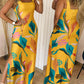 Tropical Print Thick Strap U neckline Slim Fit Slit Maxi Dress Vocation Dress with Pockets