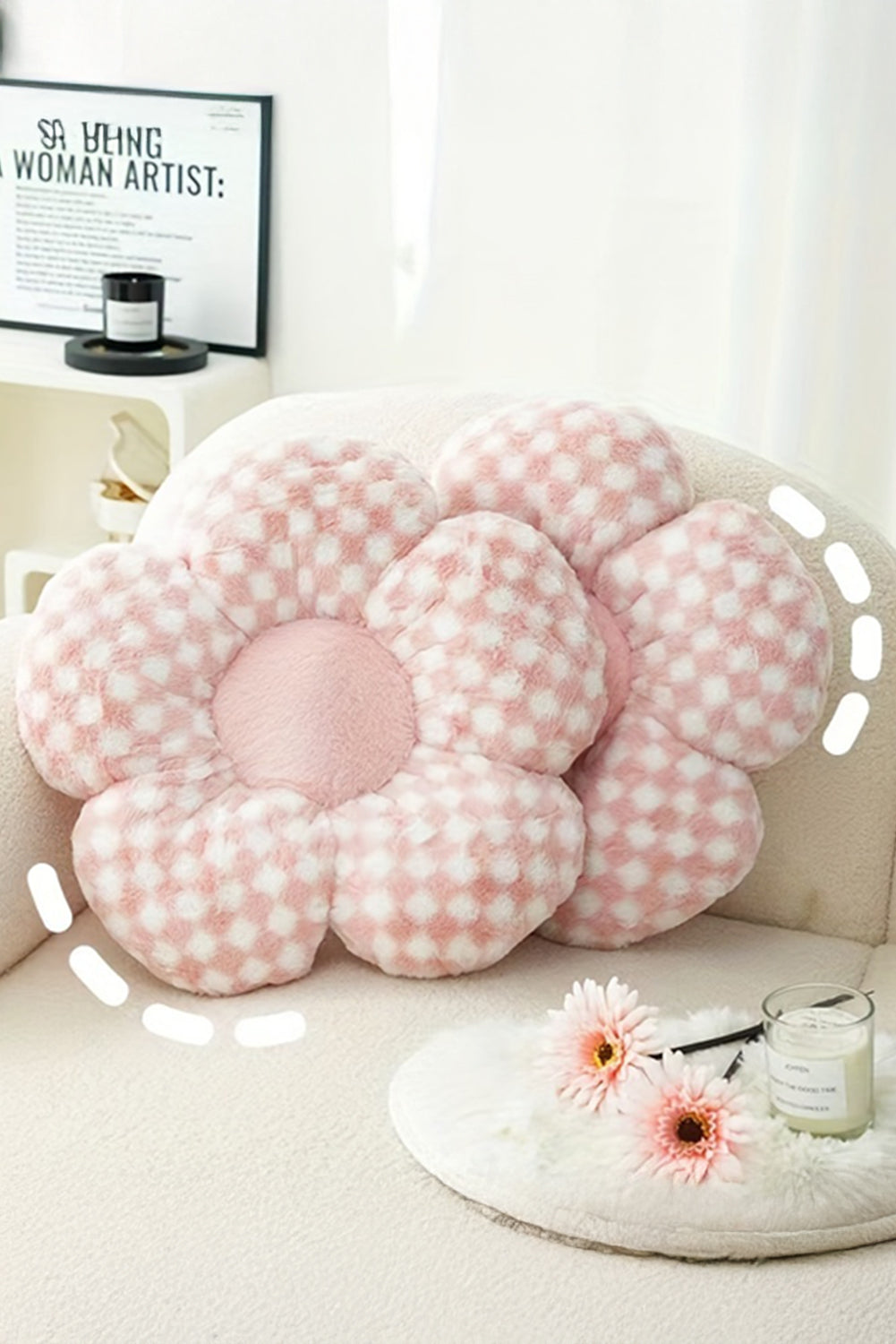 Pink Checkered Flower Shape Soft Sofa Cushion