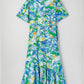 Green Leaves Print Short Sleeve Surplice Neck Ruffled Trim Plus Size Maxi Dress
