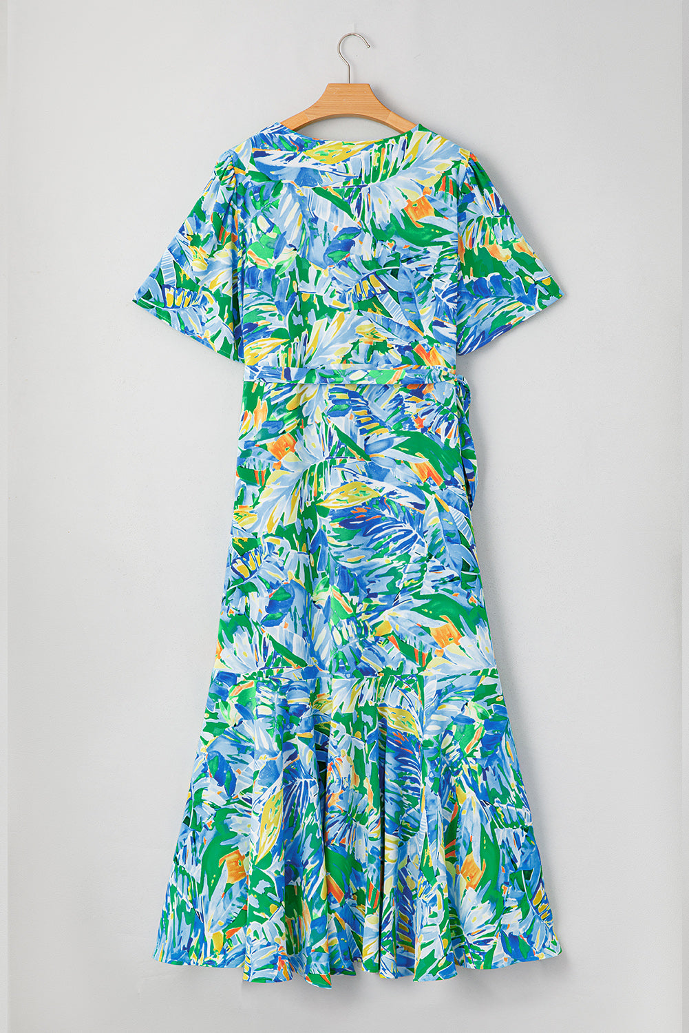 Green Leaves Print Short Sleeve Surplice Neck Ruffled Trim Plus Size Maxi Dress