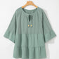 Laurel Green Tie Split Neck Textured Ruffle Patchwork Blouse