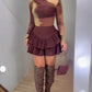 Solid Double Layer Ruffle Hem Skirt High Waist Zipper Side Mini Skirt