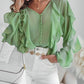 V Neck Shoulder Asymmetrical Ruffles Blouse Casual Button Front Long Sleeve Top