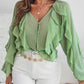 V Neck Shoulder Asymmetrical Ruffles Blouse Casual Button Front Long Sleeve Top