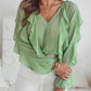 V Neck Shoulder Asymmetrical Ruffles Blouse Casual Button Front Long Sleeve Top