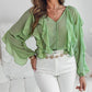 V Neck Shoulder Asymmetrical Ruffles Blouse Casual Button Front Long Sleeve Top