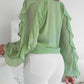 V Neck Shoulder Asymmetrical Ruffles Blouse Casual Button Front Long Sleeve Top