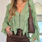 V Neck Shoulder Asymmetrical Ruffles Blouse Casual Button Front Long Sleeve Top