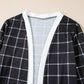 Black Plaid Colorblock Edge Open Cardigan with Pocket