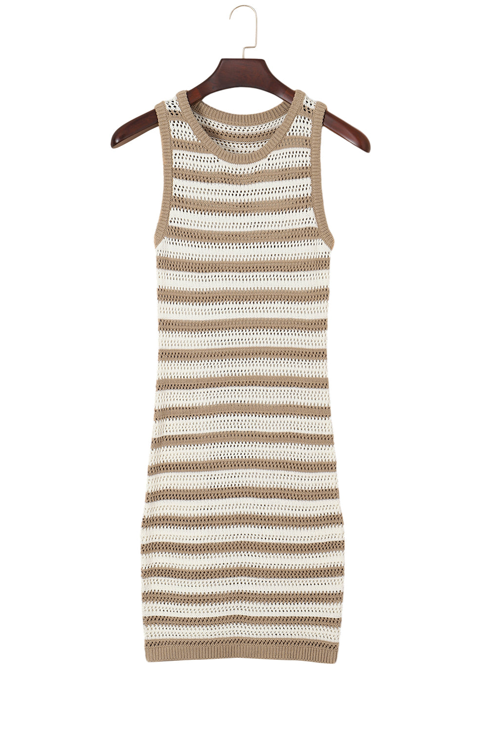 Khaki Stripe Hollowed Knit Sleeveless Sweater Dress