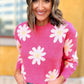 Bright Pink Daisy Flower Crew Neck Long Sleeve Sweater