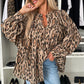 Light French Beige Oversized Leopard Print Balloon Sleeve Casual Shirt