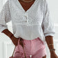 Eyelet Embroidery V Neck Long Sleeve Blouse Casual Button Front Top
