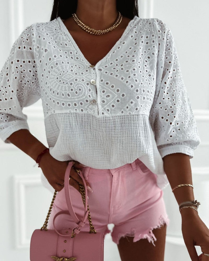 Eyelet Embroidery V Neck Long Sleeve Blouse Casual Button Front Top