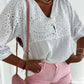Eyelet Embroidery V Neck Long Sleeve Blouse Casual Button Front Top