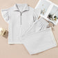 Gray Stripe Zipped up Collar Ruffled Sleeve Tee and Wide Leg Pants 2pcs Outfit