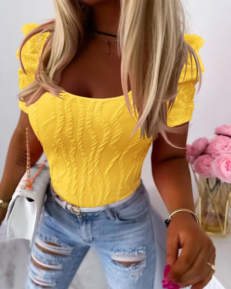 Textured Puff Sleeve Skinny T Shirt