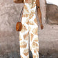Plants Print Square Neck Thick Strap Shirred Jumpsuit Wide Leg Overalls with Pockets