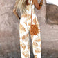 Plants Print Square Neck Thick Strap Shirred Jumpsuit Wide Leg Overalls with Pockets