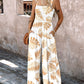 Plants Print Square Neck Thick Strap Shirred Jumpsuit Wide Leg Overalls with Pockets