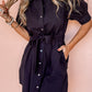 Black Button Up Tie Waist Puff Sleeve Mini Dress