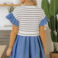 Black Stripe Ruffle Denim Patchwork Round Neck Mini Dress