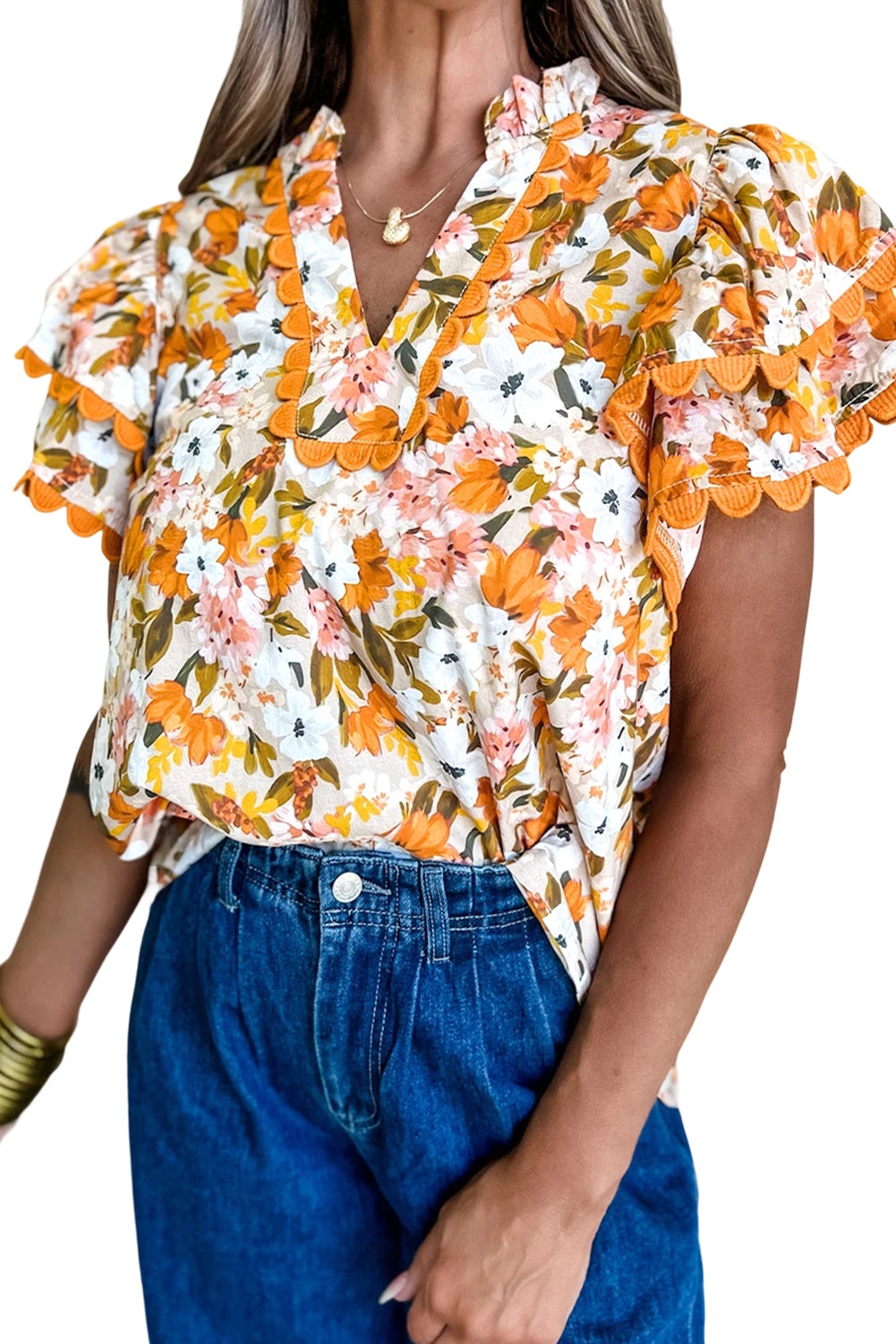 Russet Orange Ruffled V Neck Scalloped Short Sleeve Floral Blouse