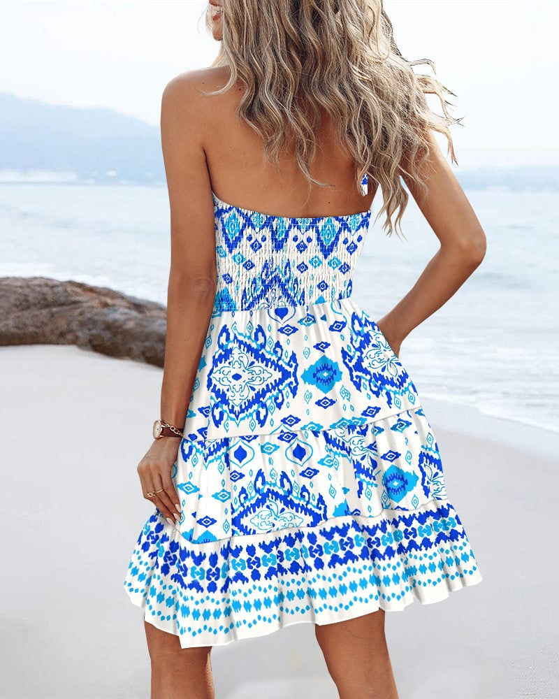 Tribal Print Halter Backless Ruffles Hem Shirred Mini Dress Vintage Dress