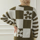 Green Checkered Floral Print Striped Sleeve Sweater