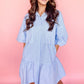 Sky Blue Stripe Bubble Sleeve Chest Pockets Buttoned Shirt Dress