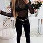 Rhinestone Transparent Sheer Mesh Round Neck Frill Hem Long Sleeve Tee Sexy Top