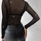 Rhinestone Transparent Sheer Mesh Round Neck Frill Hem Long Sleeve Tee Sexy Top