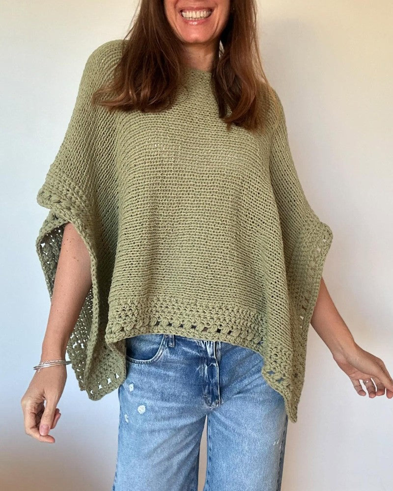 Solid Three Quarters Batwing Sleeve Hollow out Pattern Edges Casual Knit Top