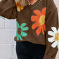 Coffee Big Flower Pattern V Neck Drop Shoulder Sweater