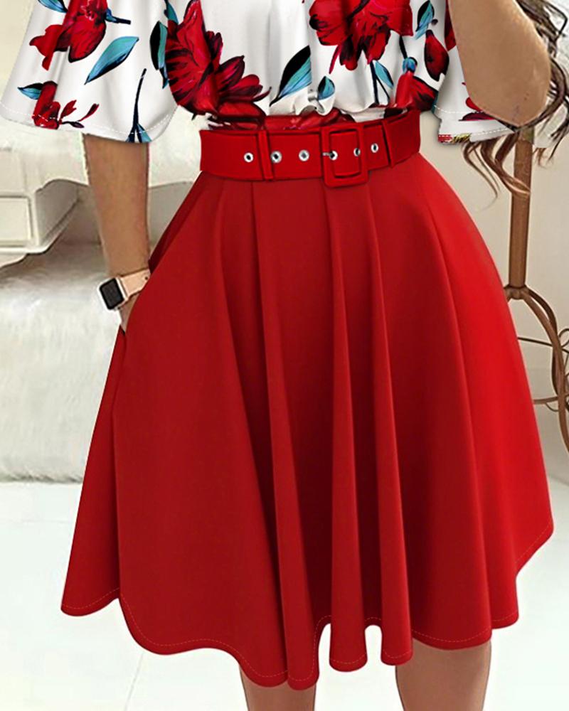 Floral Print Batwing Sleeve Top A line Pocket Dress with Belt