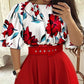 Floral Print Batwing Sleeve Top A line Pocket Dress with Belt