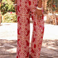 Red Paisley Printed Buttoned High Waist Straight Leg Pants