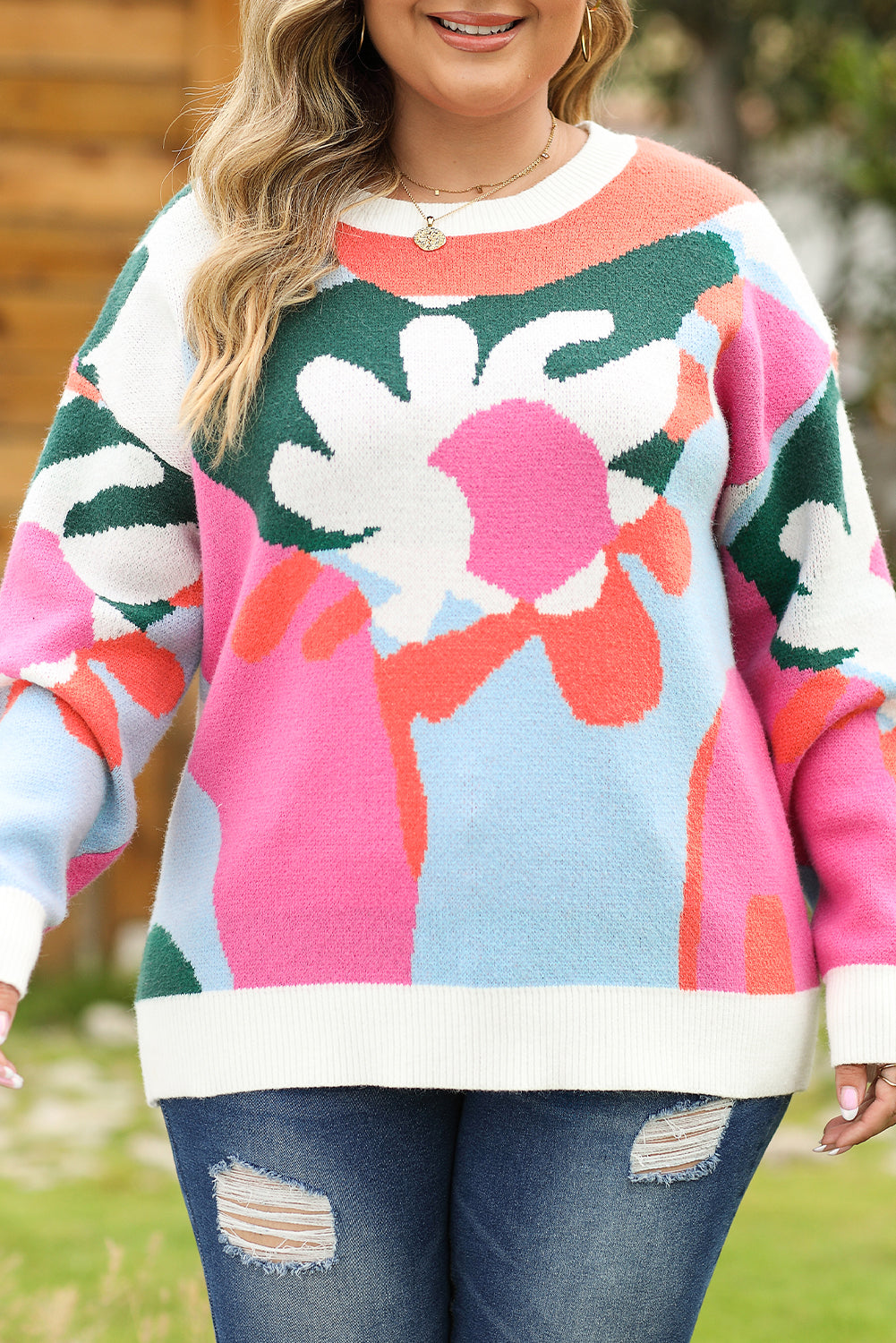 Multicolour Plus Size Floral Drop Shoulder Sweater