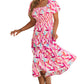 Pink Brush Stroke Printed Smocked Ruffle Tiered Dress