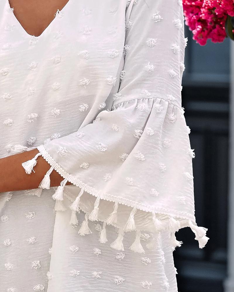 Polka Dot V Neck Bell Sleeve Mini Dress Casual Loose Fit Dress