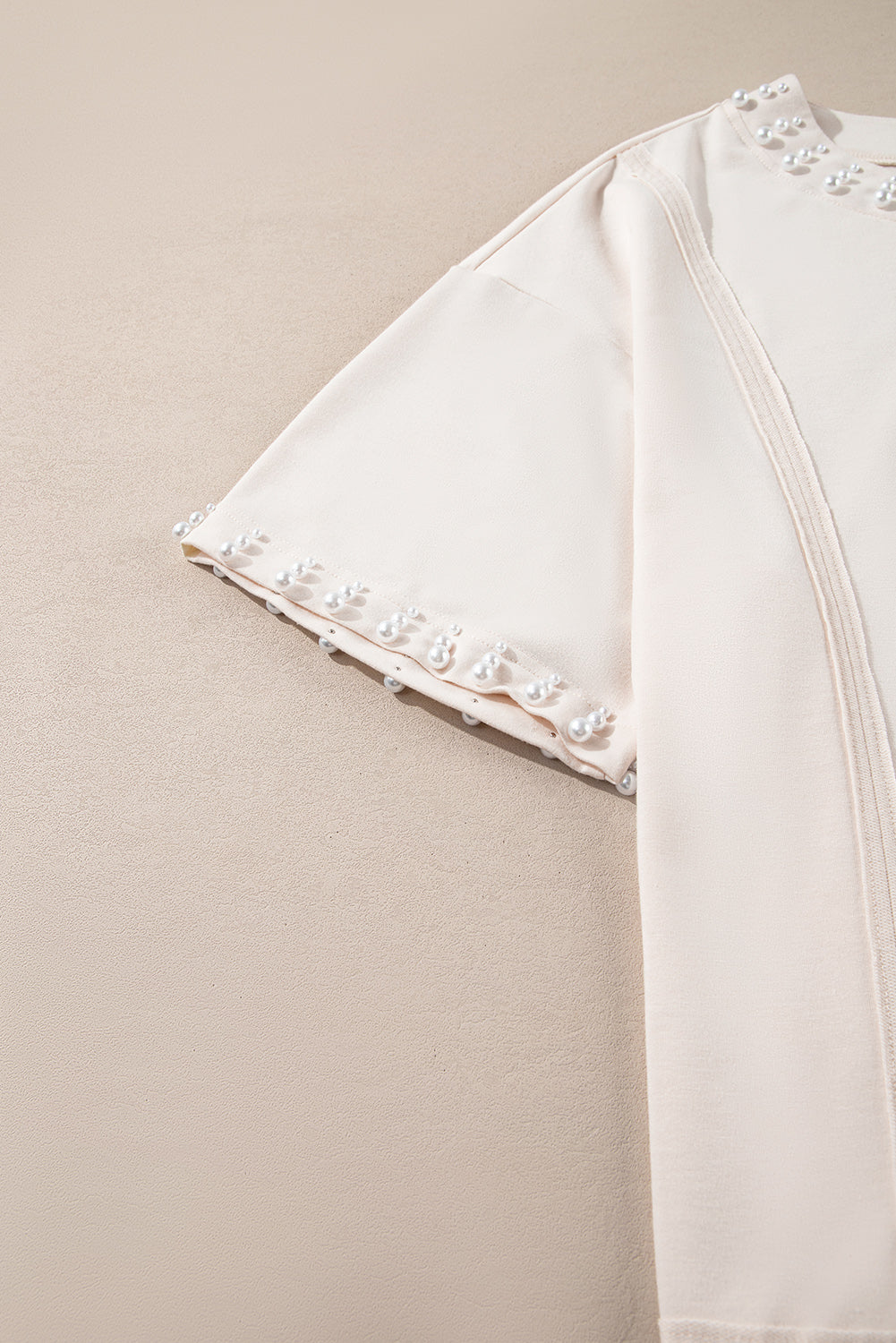 Beige Pearl Decor Crew Neck Half Sleeve Plus Size T Shirt