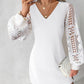 V Neck Long Sleeve Lace Patch Casual Mini Dress