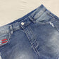 Star Embroidery Raw Hem Denim Shorts