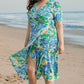 Green Leaves Print Short Sleeve Surplice Neck Ruffled Trim Plus Size Maxi Dress