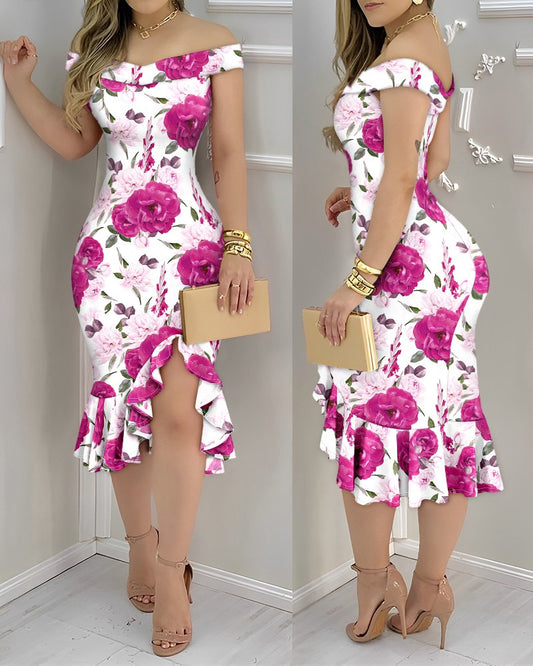 Floral Print Off Shoulder Bodycon Dress Ruffle Hem Slim Fit Dress