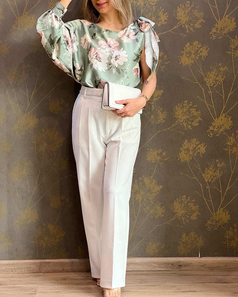 Floral Print  One Shoulder Tied Detail Blouse Casual Looose Fit Top