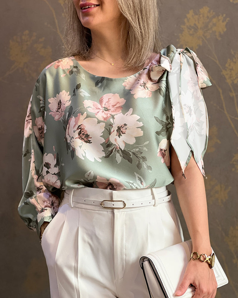 Floral Print  One Shoulder Tied Detail Blouse Casual Looose Fit Top