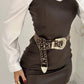 2 Pieces Outfit Turn down Collar Long Sleeve Blouses and Casual Spaghetti Straps PU Leather Skirt